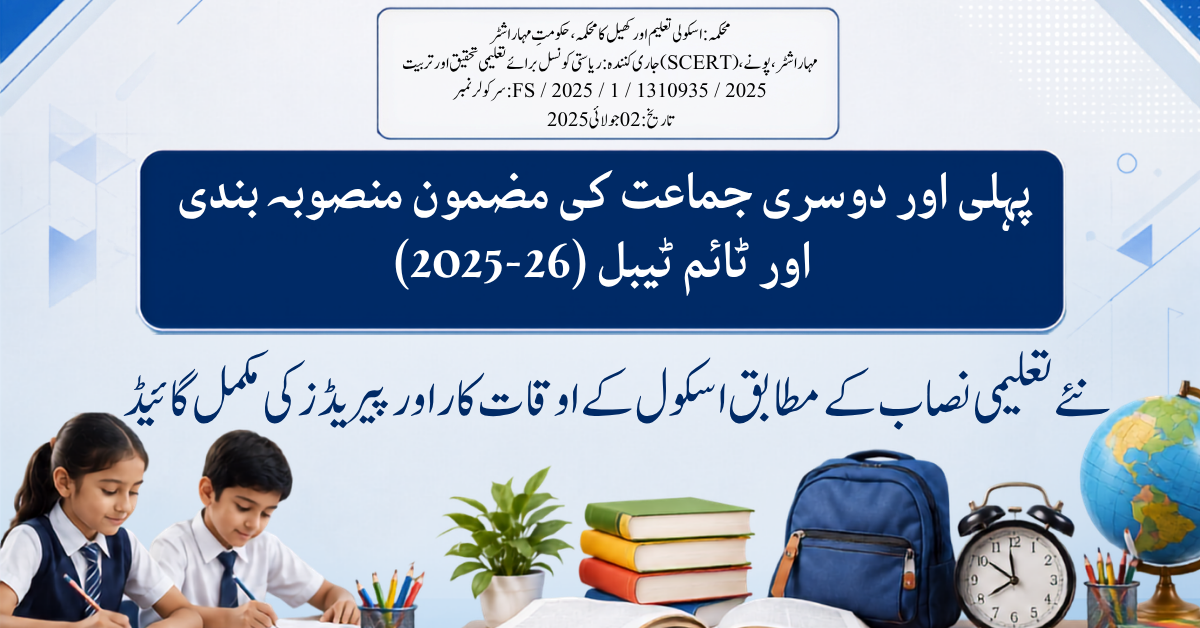 نئے نصاب کے مطابق پہلی اور دوسری جماعت کے لیے مضمون کی منصوبہ بندی، اسکول کے کام کے دن، مضمون کے لحاظ سے پیریڈز کی تقسیم اور اسکول کا ٹائم ٹیبل