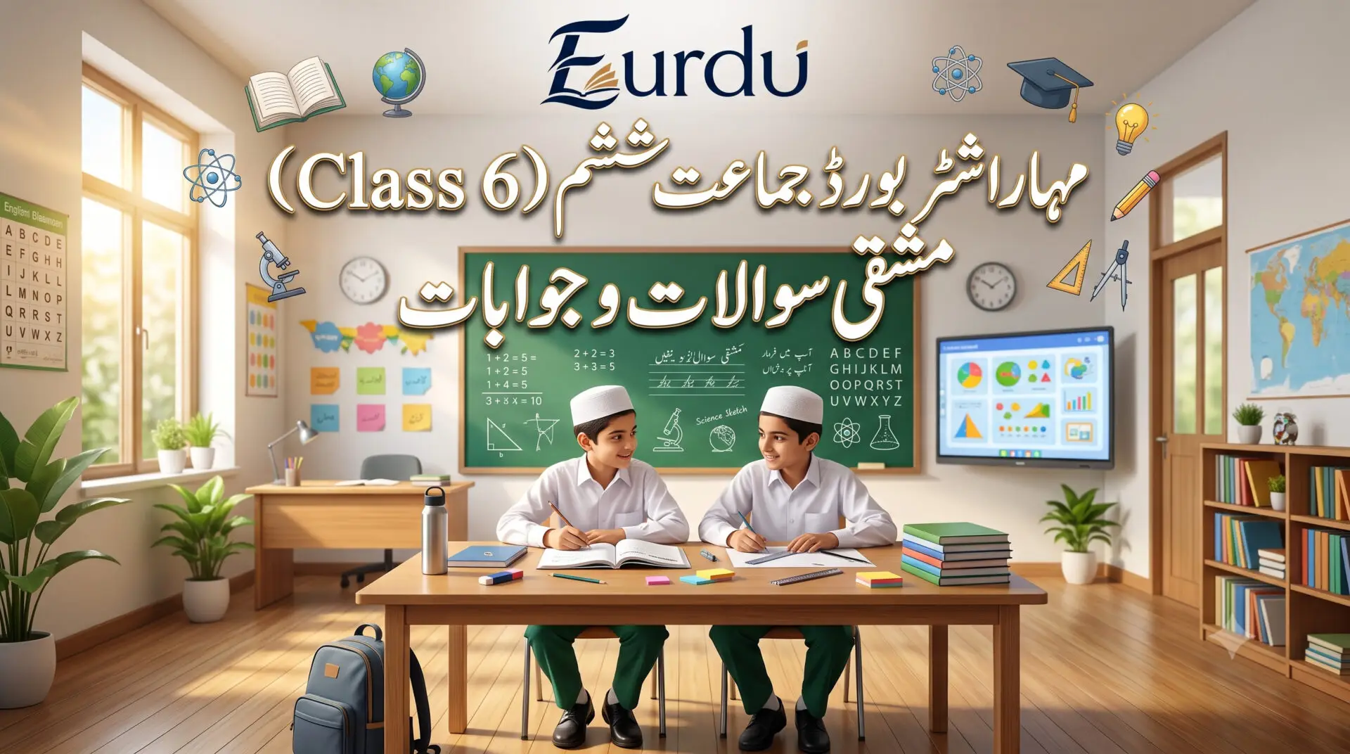 Maharashtra board class 6 urdu practice questions and answers – two muslim school boys studying in a modern classroom
